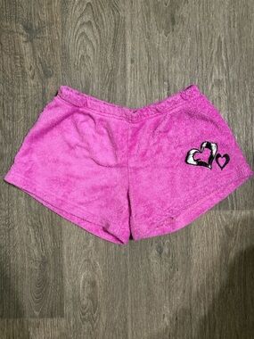 Y2K Fuzzy Pink Terry Cloth Zebra Print Heart Shorts